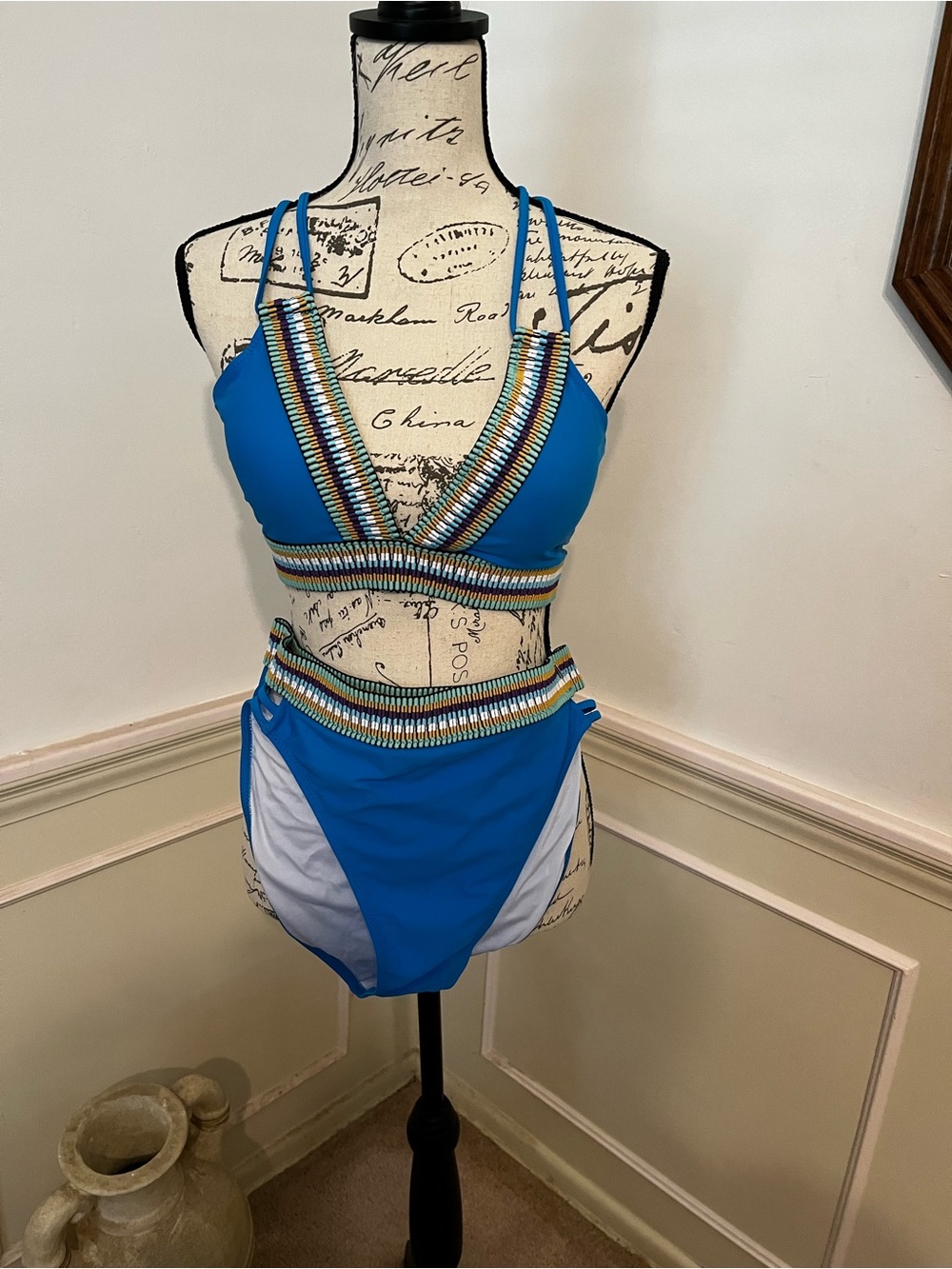 Blue ladies Two-Piece Swimsuit with Multicolor Trim